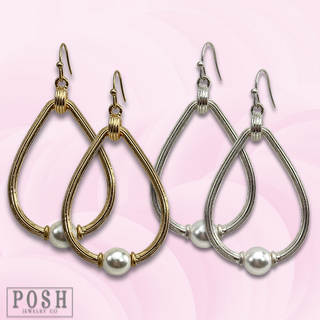 Textured teardrop with pearl bead earring