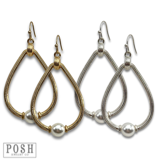 Textured teardrop with pearl bead earring