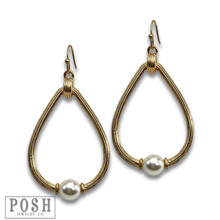 Textured teardrop with pearl bead earring