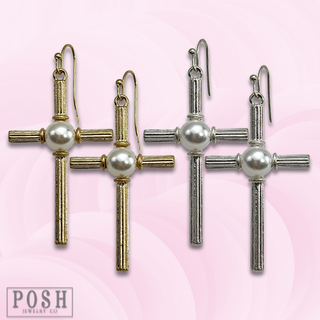 Textured cross with pearl bead earring