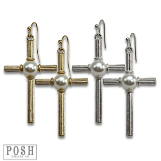 Textured cross with pearl bead earring