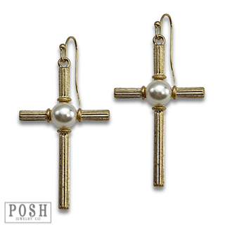Textured cross with pearl bead earring