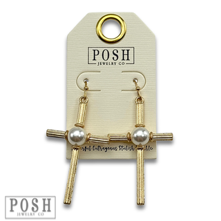 Textured cross with pearl bead earring