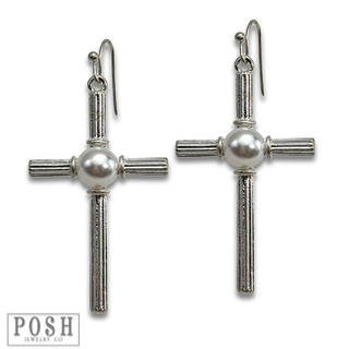 Textured cross with pearl bead earring