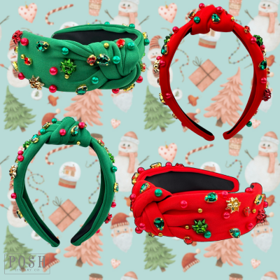 Christmas color rhinestone headband with gift bow and bead charms