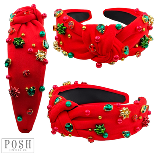 Christmas color rhinestone headband with gift bow and bead charms