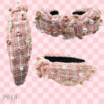 Pink bouclee headband with Christmas nutcracker charms, rhinestones and pearls