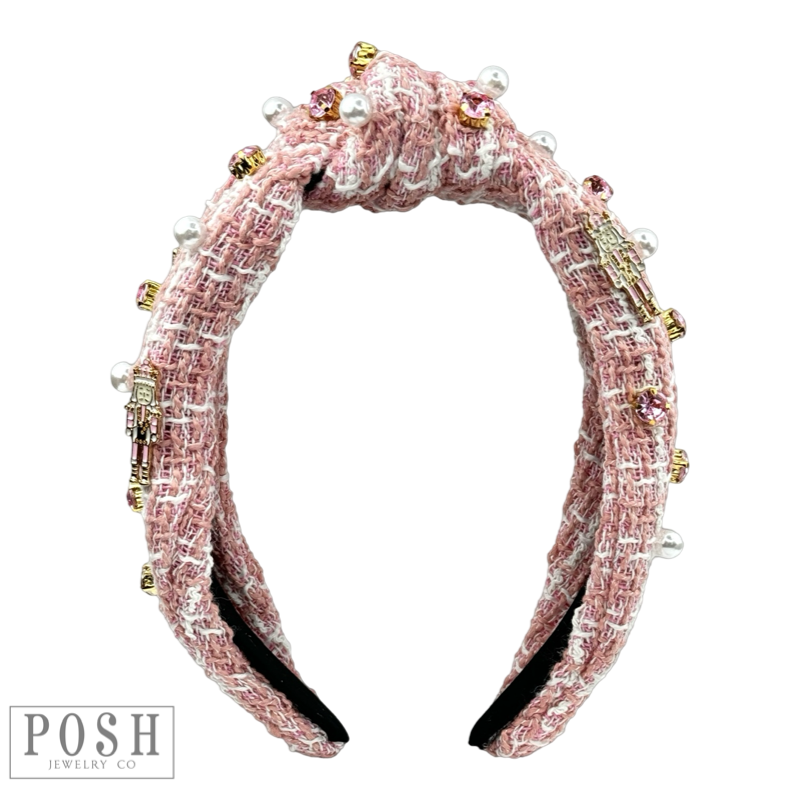 Pink bouclee headband with Christmas nutcracker charms, rhinestones and pearls