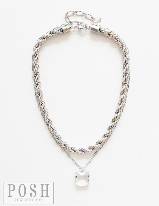 Silver tone double chain necklace, last call