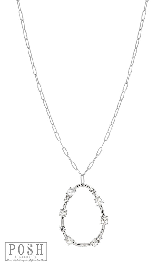 Silver paperclip chain necklace with rhinestone teardrop pendant, last call