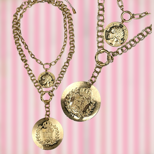 Double coin charm gold chain pendant necklace