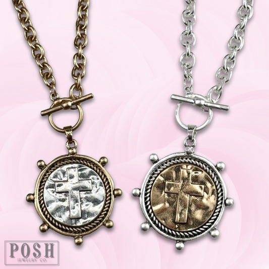 Two tone cross pendant chain necklace