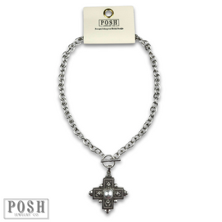 Antique look cross pendant on toggle chain necklace