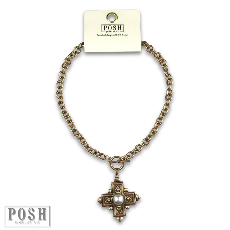 Antique look cross pendant on toggle chain necklace