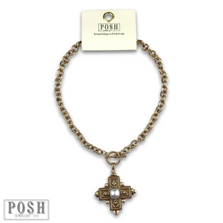 Antique look cross pendant on toggle chain necklace