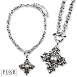 Antique look cross pendant on toggle chain necklace