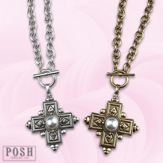 Antique look cross pendant on toggle chain necklace