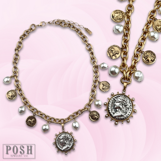 Coin and pearl bead charm necklace
