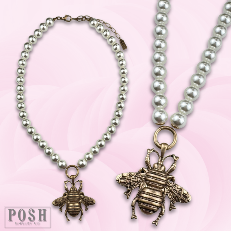 Pearl necklace with bee pendant