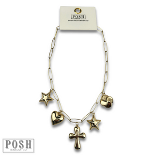 Puffed multi-charm chain necklace