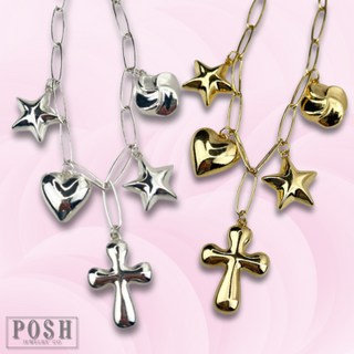 Puffed multi-charm chain necklace