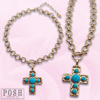 Turquoise and gold cross necklace