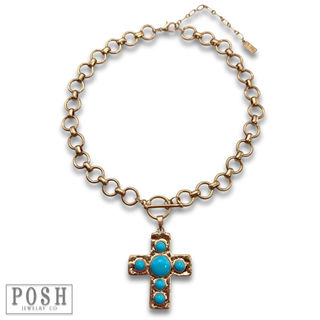 Turquoise and gold cross necklace