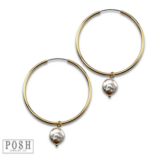Coin pearl on hoop earring, last call