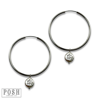 Coin pearl on hoop earring