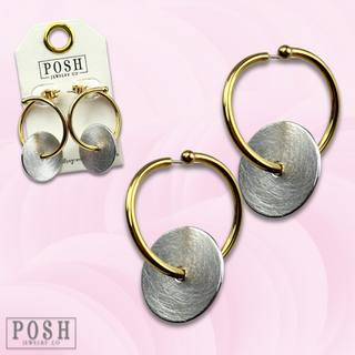 Gold hoop and silver disc earring, last call
