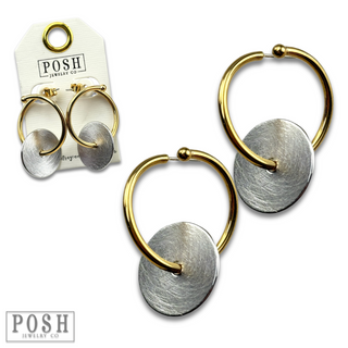 Gold hoop and silver disc earring, last call