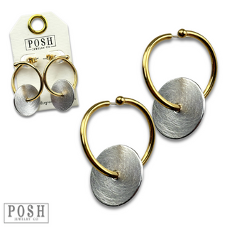 Gold hoop and silver disc earring, last call