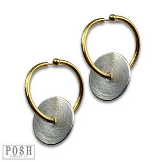 Gold hoop and silver disc earring, last call