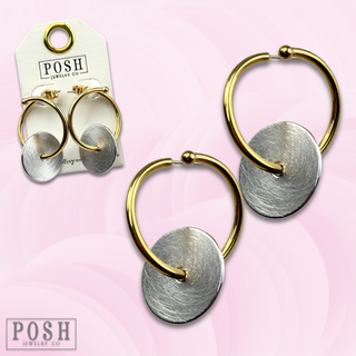Gold hoop and silver disc earring, last call