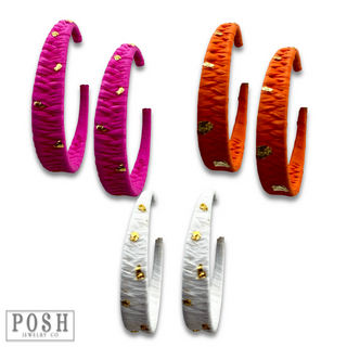 Woven gold flecked raffia hoop earring