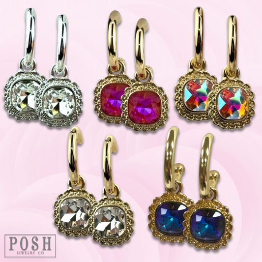 Square rhinestone dangle hoop earring