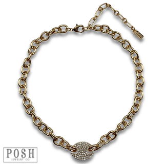 Gold chain link choker with pave oval charm