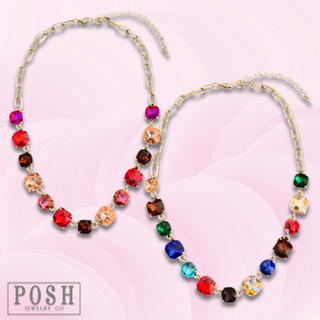 Square rhinestone and chain necklace