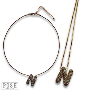 Box chain necklace with rhinestone initial