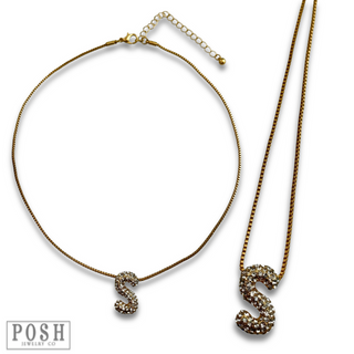 Box chain necklace with rhinestone initial