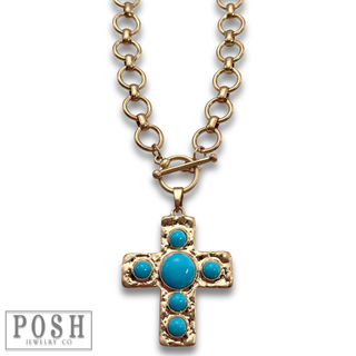 Turquoise and gold cross necklace