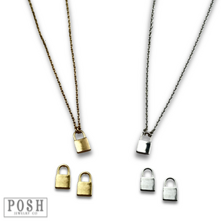 Tiny lock earring and necklace set