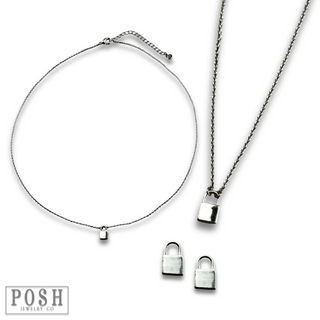 Tiny lock earring and necklace set