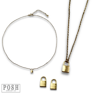 Tiny lock earring and necklace set