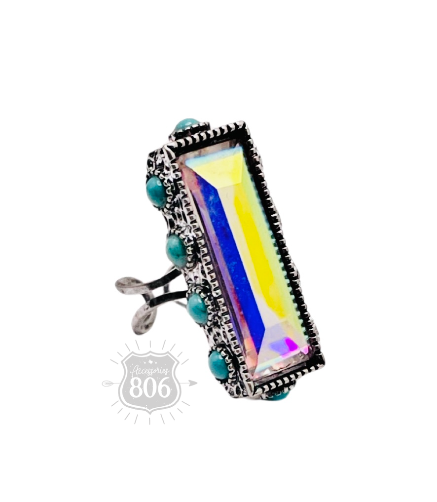 Rhinestone rectangle, bead studded ring