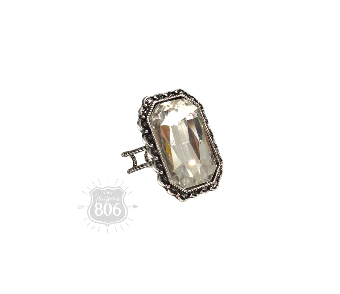 Hexagon silver and rhinestone ring