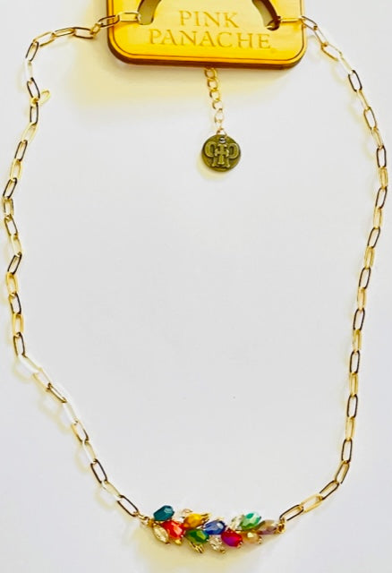 Gold tone paperclip chain necklace with cluster bicone beads