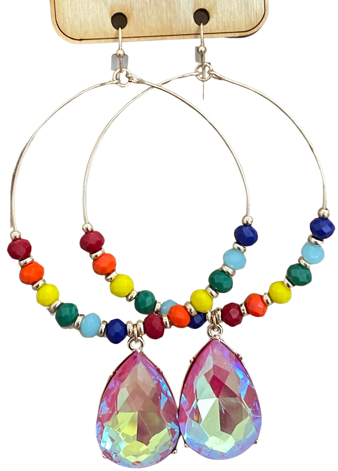 Multi-color beads and pink rhinestone teardrop earring, last call