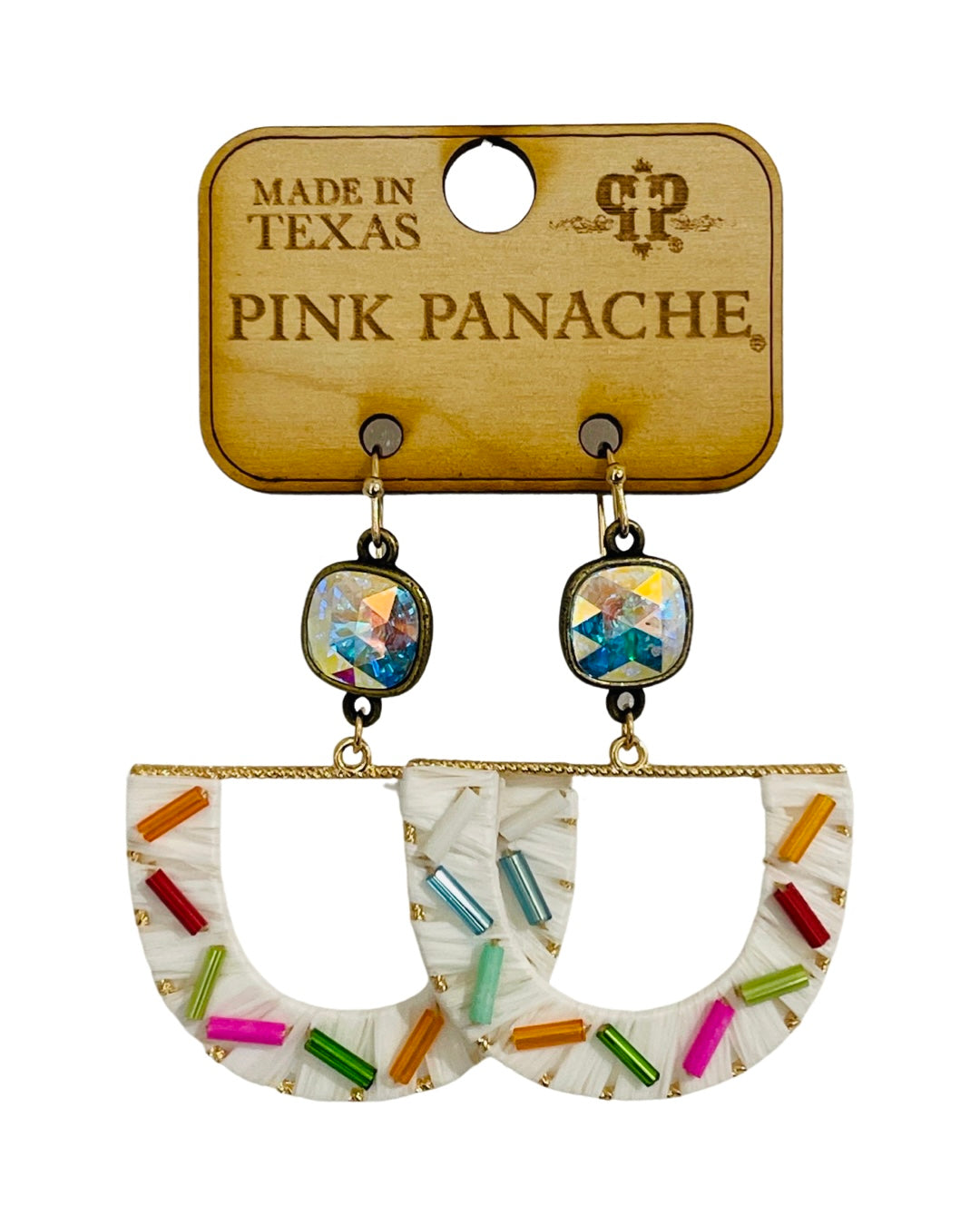 Multi-color bead and raffia fan earring, Austrian crystal, last call