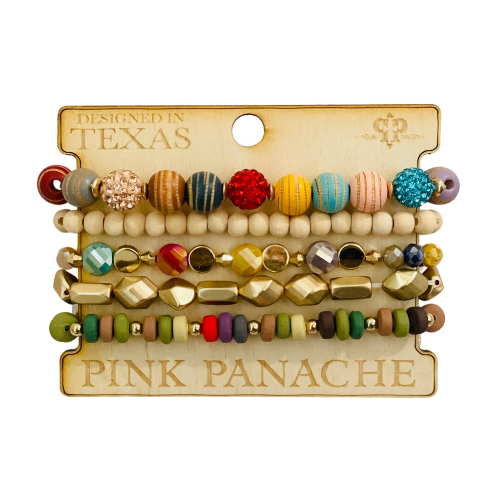 Multi-strand variety shape bead bracelet stack